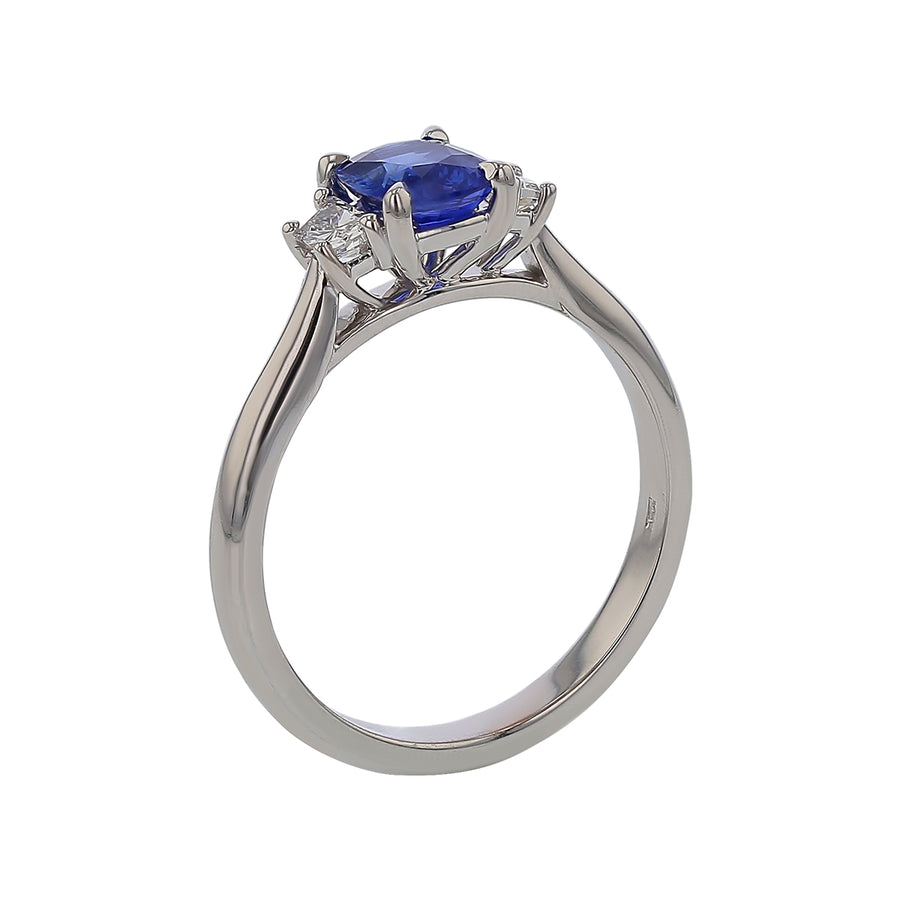 0.86ct Cushion Ceylon Sapphire 0.22ct Trapezoid Diamonds 3 Stone Ring in 18K White Gold, size 6