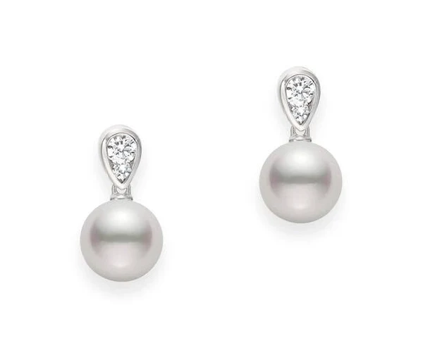 0.18Ct Diamond and Akoya 7mm Pearl Drop Earrings in 18k White Gold