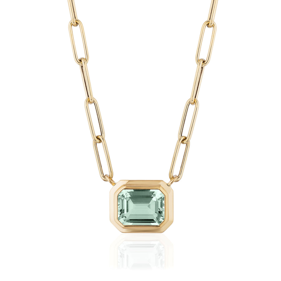 Manhattan 2.20ct Emerald Cut Prasiolite East - West Bezel Set Necklace in 18K Yellow Gold, 16"