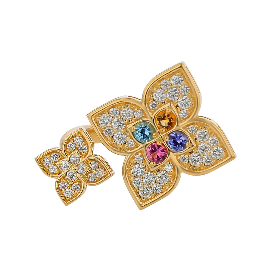 Arabesque 0.69ct Diamond, Blue Topaz, Citrine, Ruby, and Tanzanite Bypass Ring in 18K Yellow Gold, size 6.5