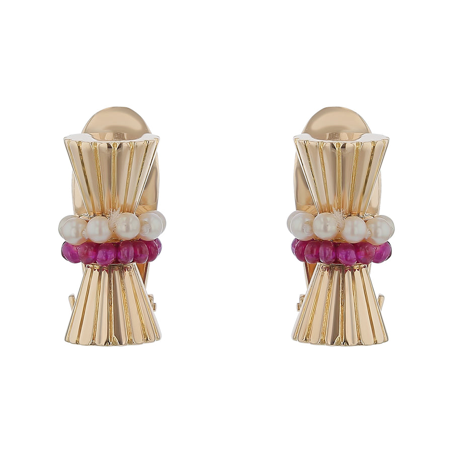 Ruby Bead and Seed Pearls Fan Style Earrings in 14K Yellow Gold