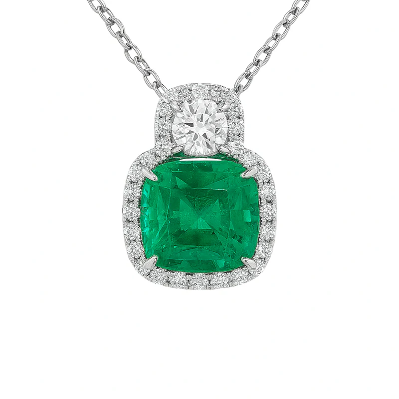 3.58ct Cushion Cut Emerald and 0.49ct Diamond Halo Pendant in 18K White Gold, 16-18" chain