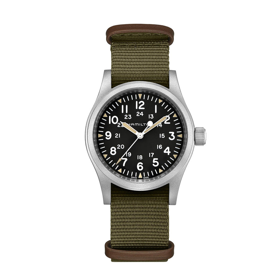 38mm Khaki Field Mechanical Watch with Black Dial in Stainless Steel, Strap