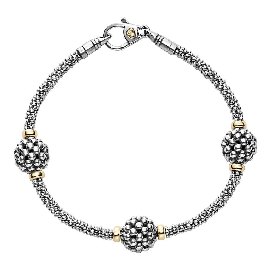 Signature Caviar 3 Ball station Beaded Rope Bracelet in Sterling Silver and 18K Yellow Gold, Medium