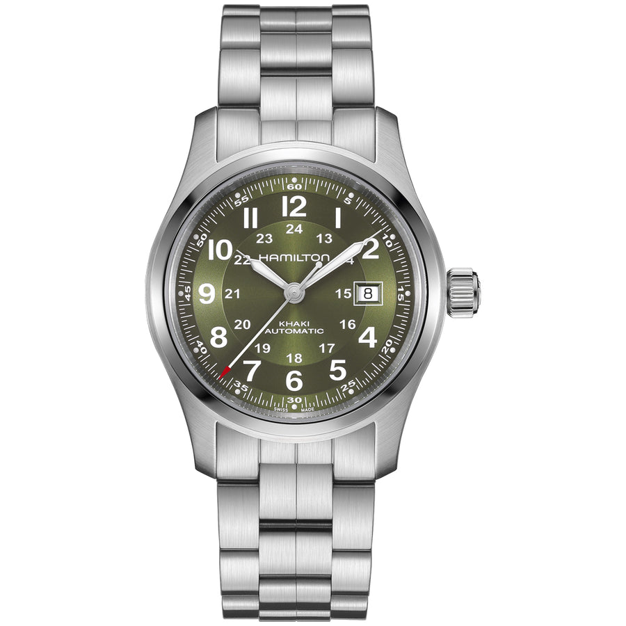 42mm Khaki Field Auto Watch with Green Dial in Stainless Steel, Bracelet