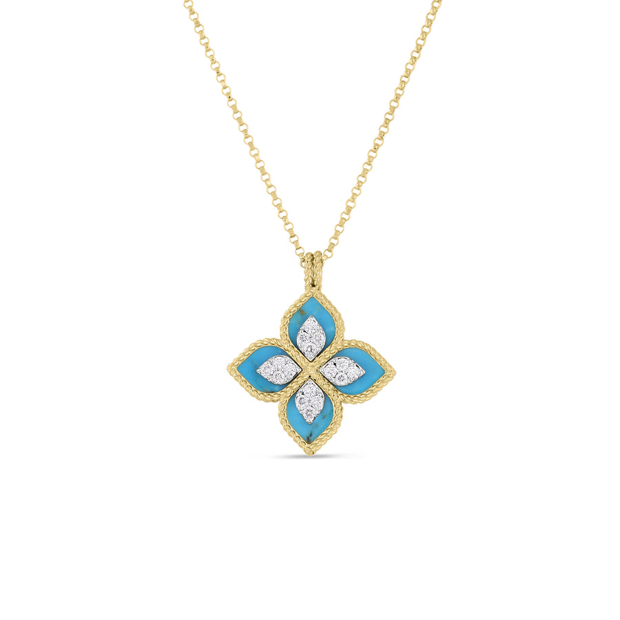 Venetian Princess Diamond and Stabilized Turquoise Pendant in 18K Yellow Gold, 18" chain