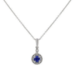 0.68ct 5mm Round Sapphire and 0.14ct Full Cut Diamonds Halo Pendant on 18" Chain in 14K White Gold