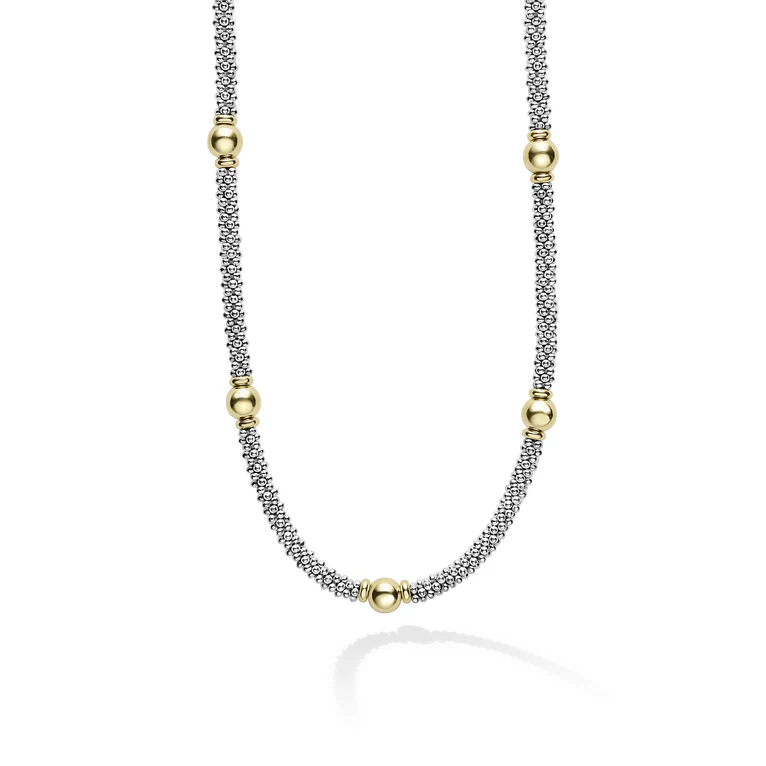Caviar 3mm 9 Circle Station Rope Necklace in Sterling Silver and 18K Yellow Gold, 16"