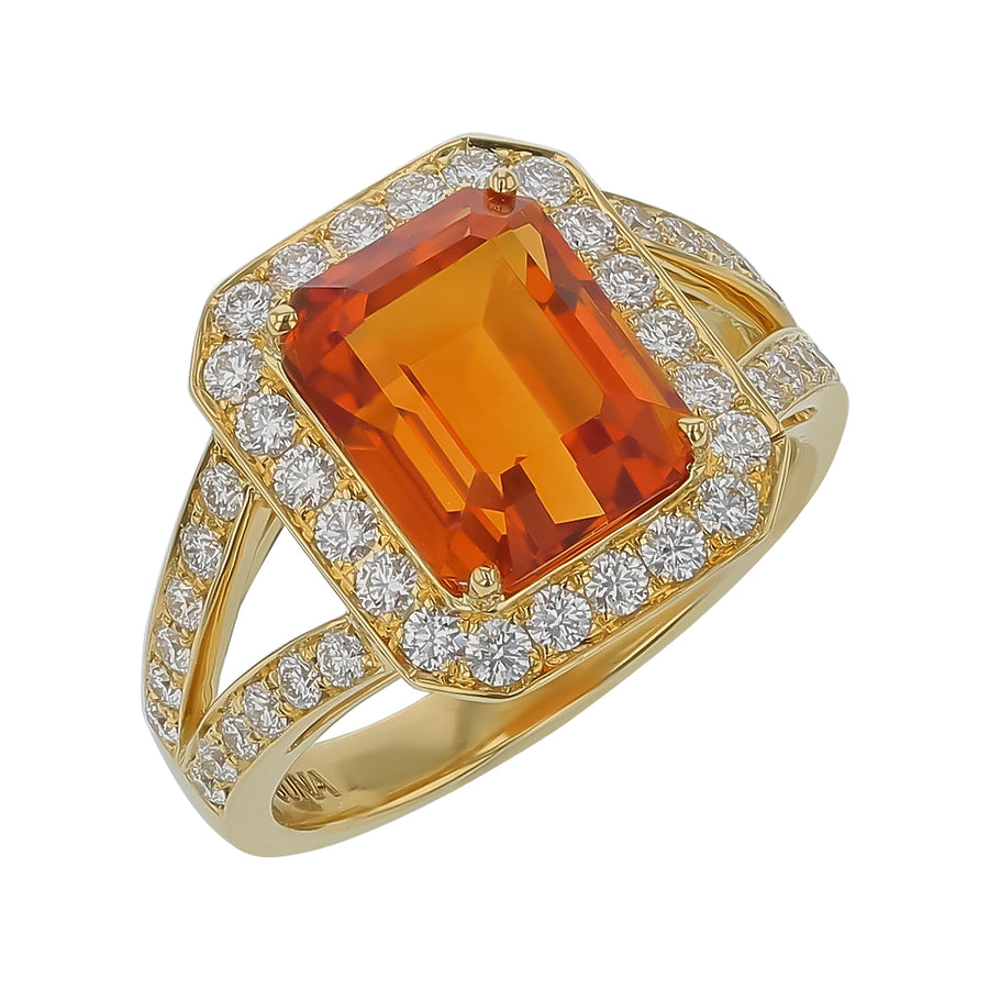 3.71ct Emerald Cut Citrine and 0.77ct Diamond Halo Ring in 18K Yellow Gold, Size 6.5