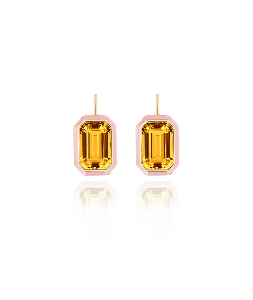 Queen 7.20ct Emerald Cut Citrine Drop Earrings in 18K Yellow Gold and Pink Enamel