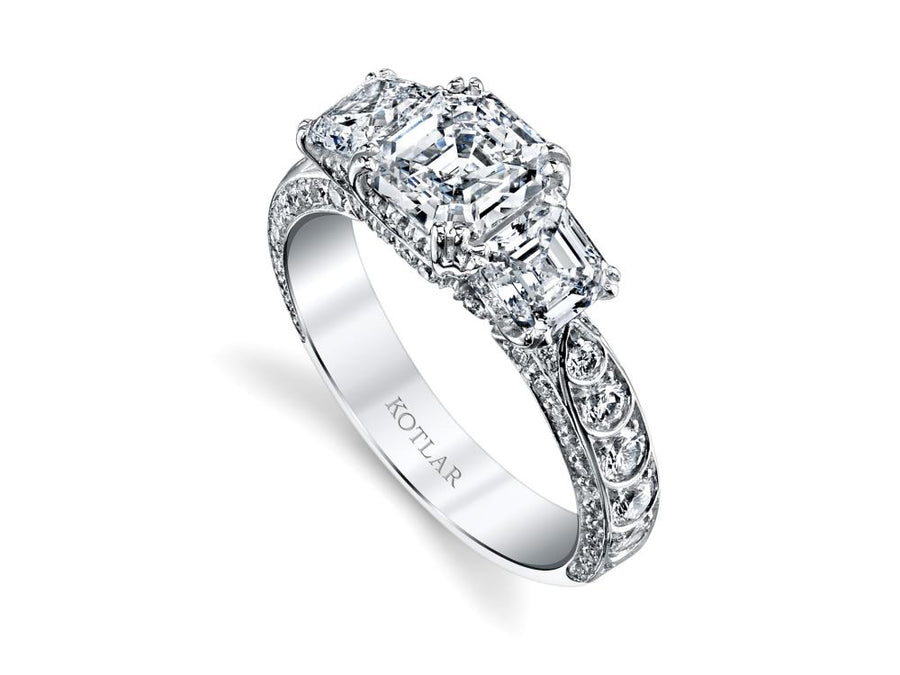 Artisan 1.21ct Asscher Diamond and 1.82ct Asscher and Round Diamond Ring in Platinum, size 5.75