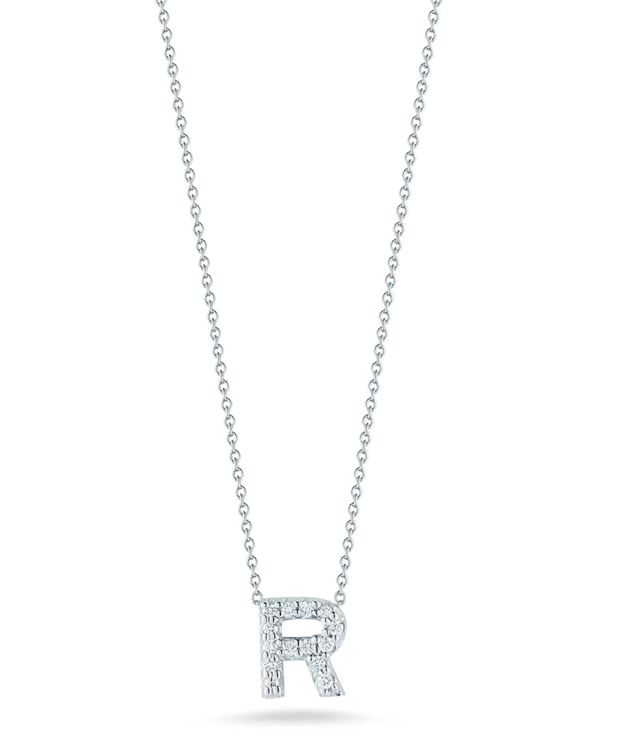 Tiny Treasures 0.06ct Diamond Love Letter "R" Pendant in 18K White Gold on 16-18" chain