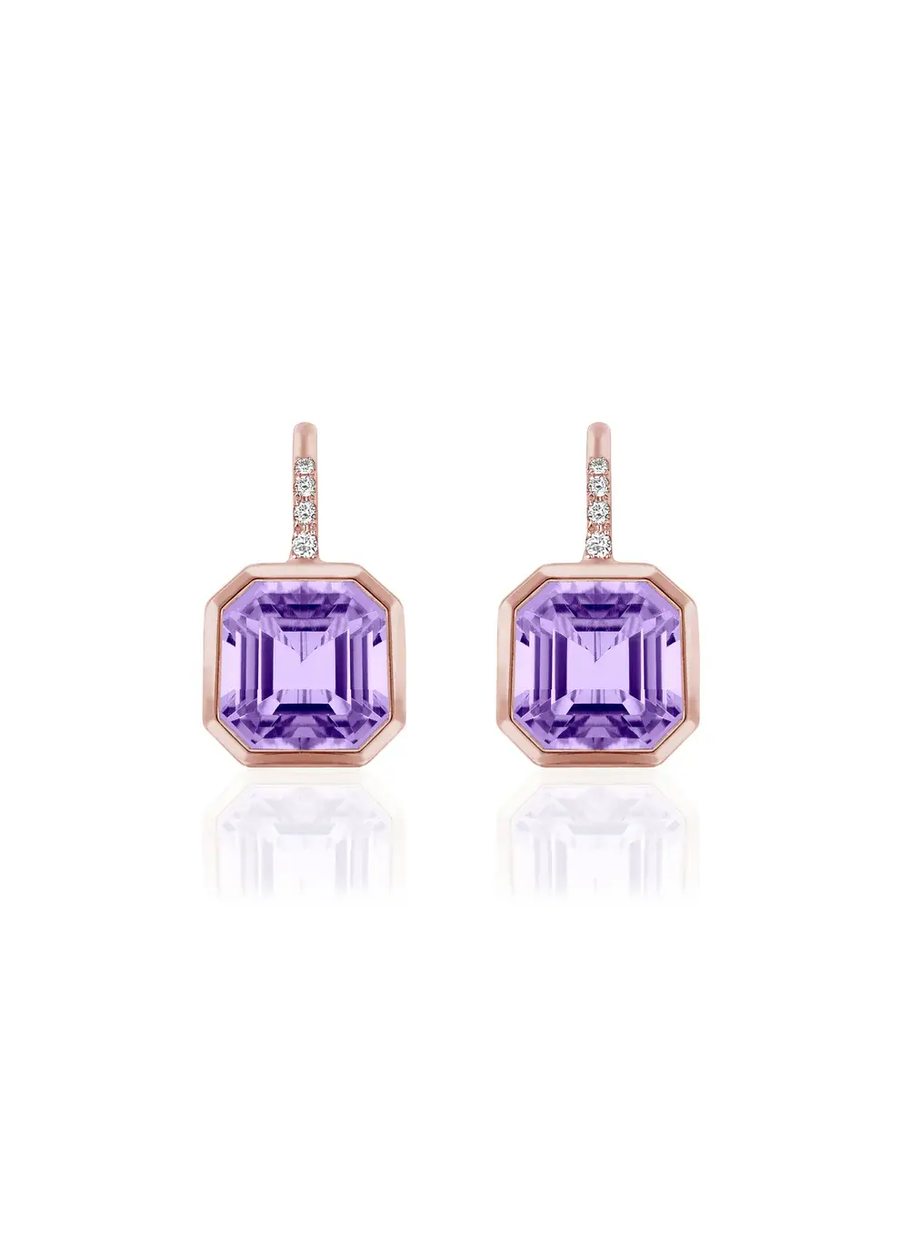 Gossip 6.26ct Asscher Cut Lavender Amethyst and 0.07ct Round Diamond Drop Earrings in 18K Yellow Gold