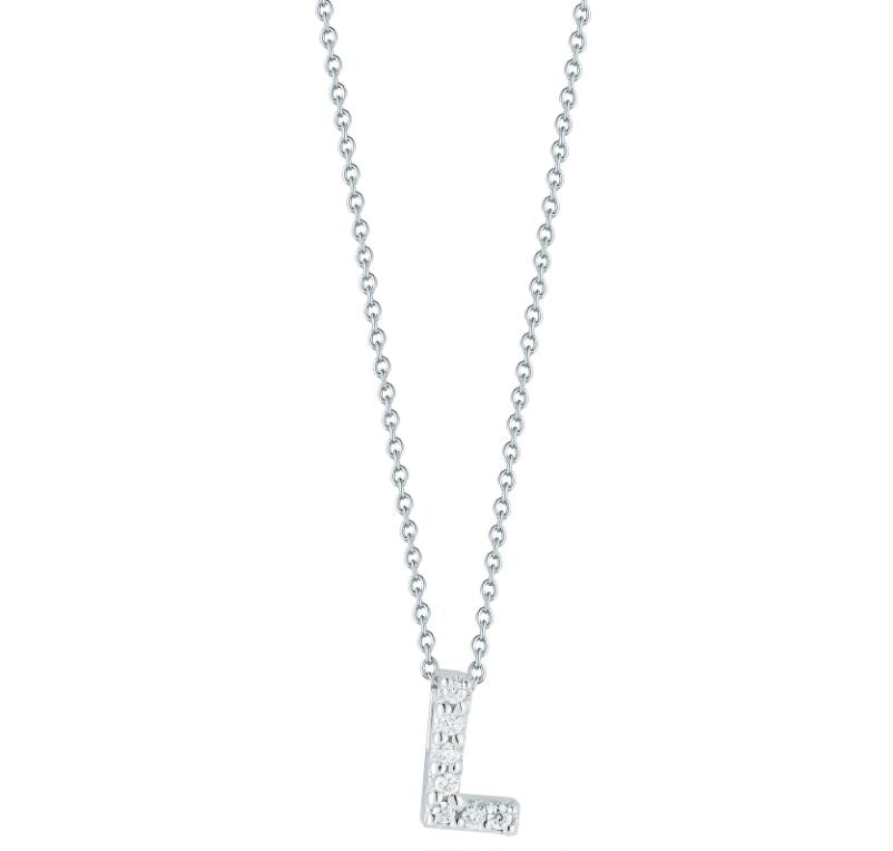 Tiny Treasures 0.03ct Diamond Love Letter "L" Pendant in 18K White Gold, 16-18" chain