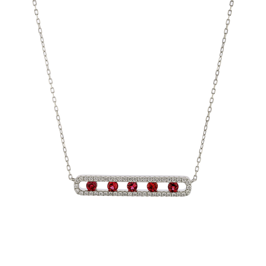 0.65ct Round Ruby and 0.42ct Diamond Bar Necklace in 14K White Gold, 16"