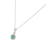 0.49ct 5mm Round Zambian Emerald and 0.17ct Full Cut Diamonds Halo Pendant Necklace on 18" Chain in 14k White Gold