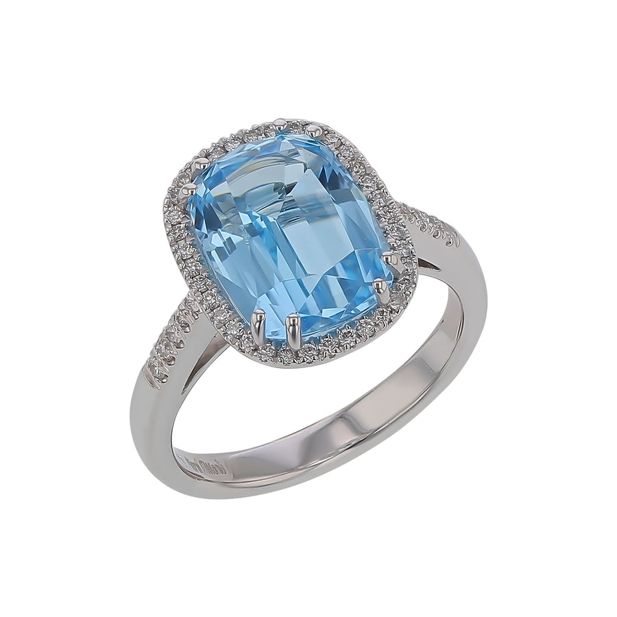 5.77ct Blue Topaz and 0.21ct Diamond Halo Ring in 18K White Gold, Size 6.5