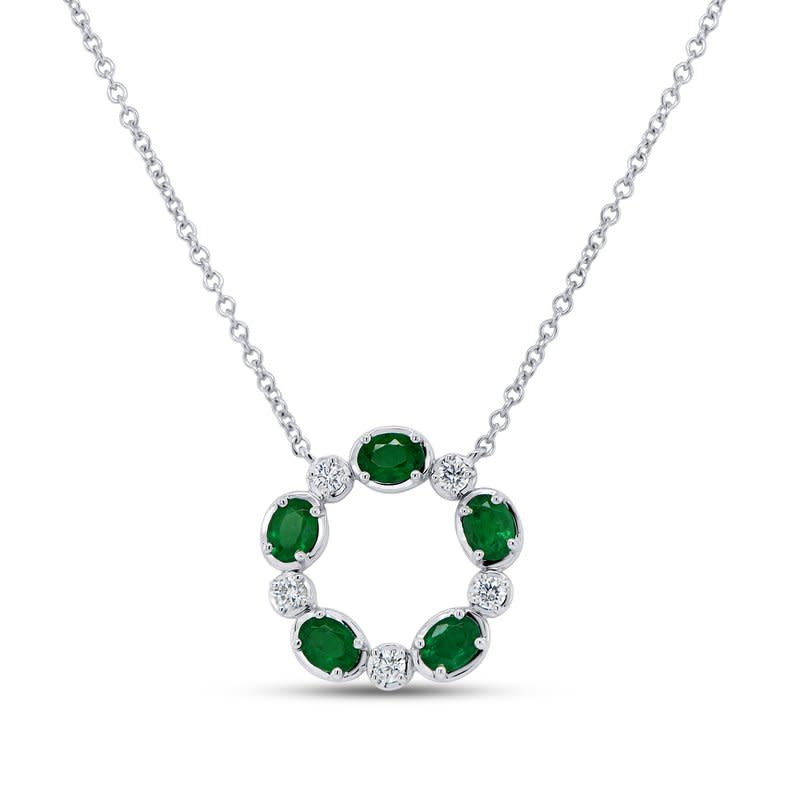 Medallion Oval Emerald and Diamond Circle Pendant Necklace in 18K White Gold