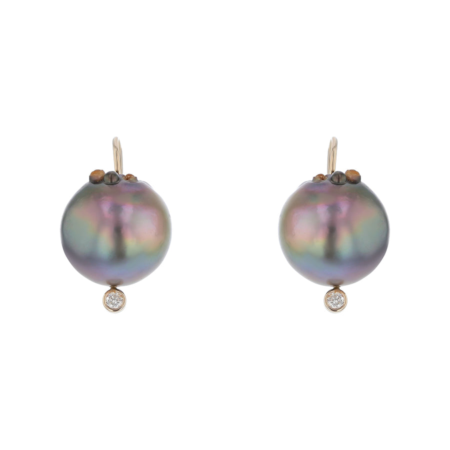 15mm Tahitian South Sea Pearl and 0.06ct Diamond Leverback Drop Earrings in 14K Yellow and White Gold
