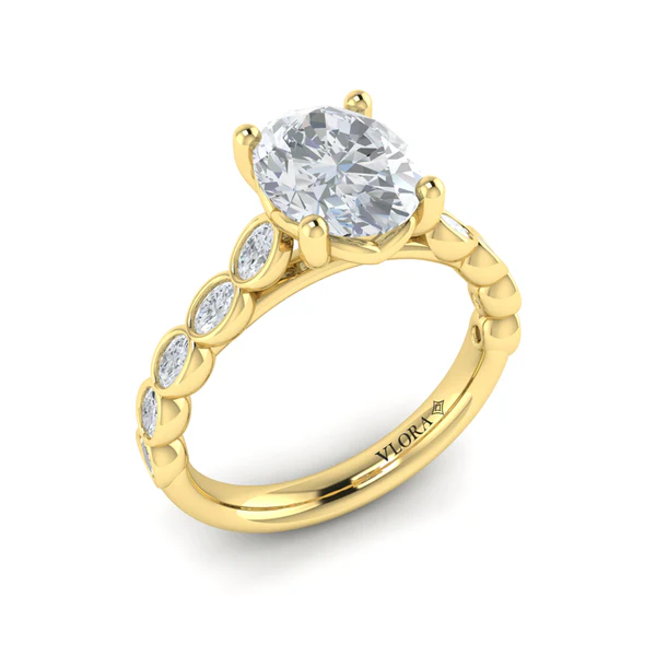 0.72ct Bezel Oval Diamond Ring Semi Mount in 18K Yellow Gold for 2.00ct Oval Center, size 6.5