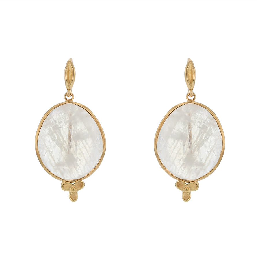 Rainbow Moonstone Flower Leverback Drop Earrings in 18K Yellow Gold