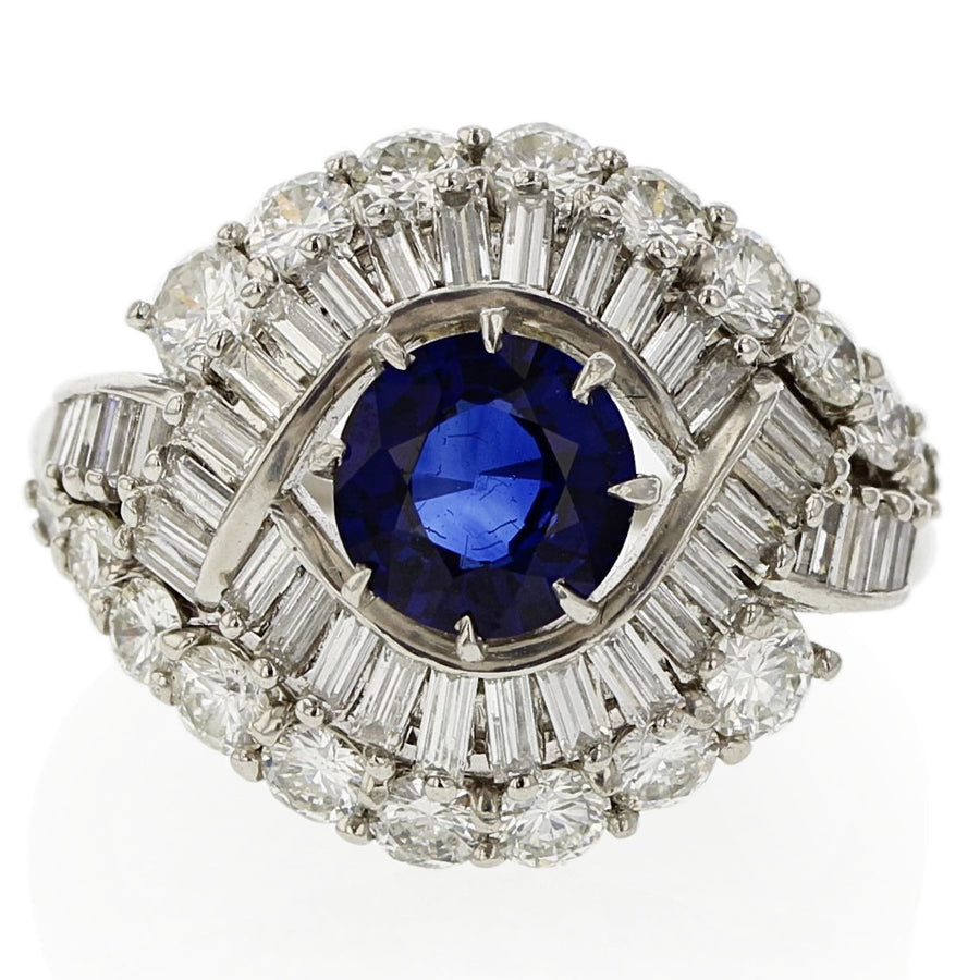 1.40ct Round Sapphire and 2.75ct Baguette & Round Brilliant Diamond Cluster Ring in Platinum, 1960s
