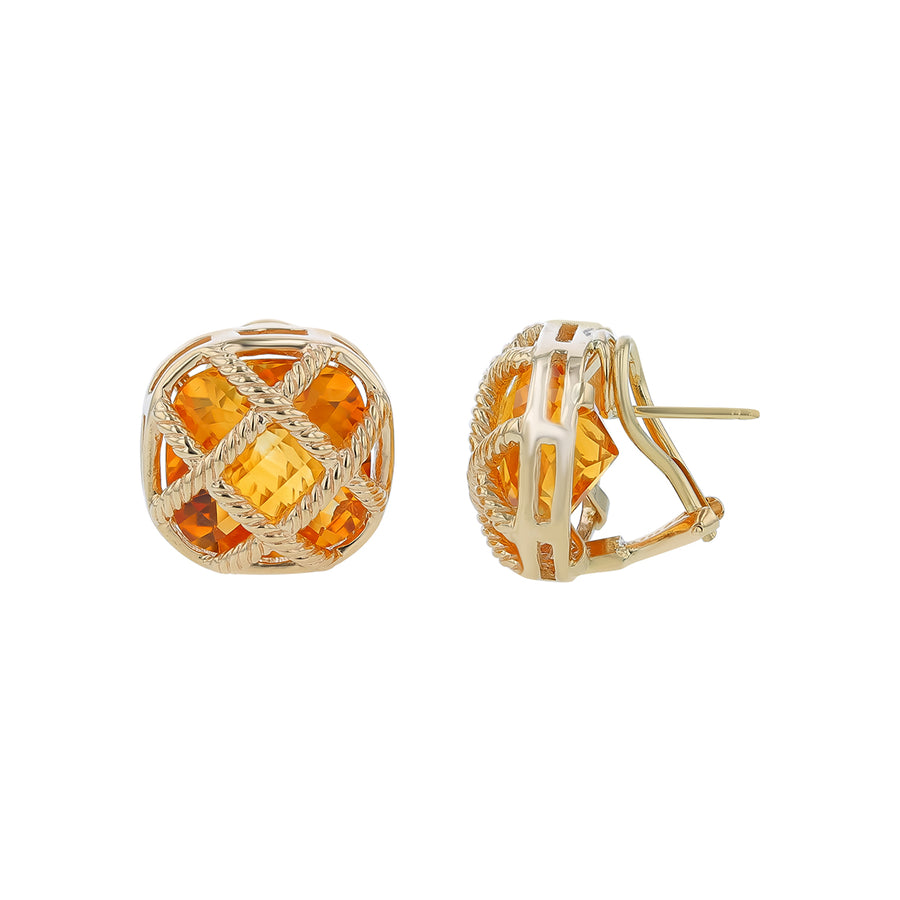 Mazza Checkerboard Cushion Citrine Crosshatch Earrings in 14K Yellow Gold with Pierced Clipbacks