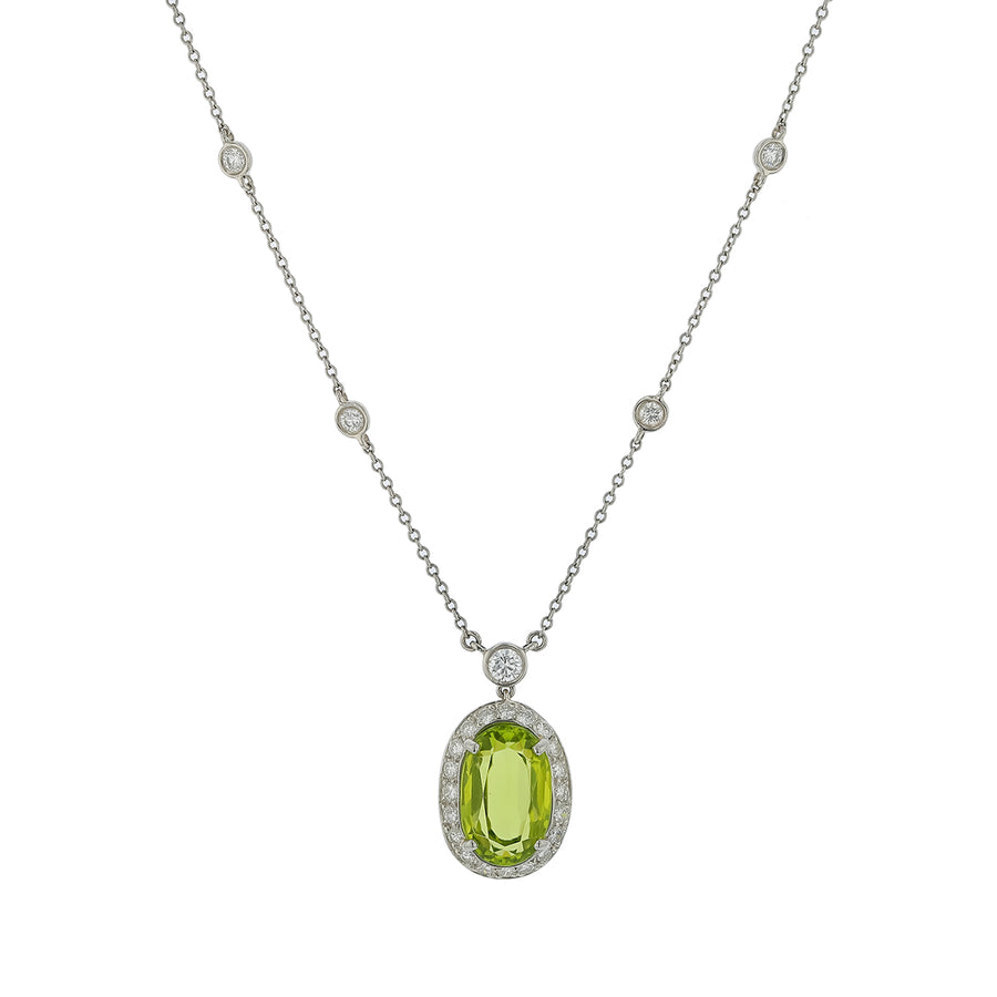 5.04ct Peridot and 0.83ct Diamond Halo Necklace in Platinum, 18" chain