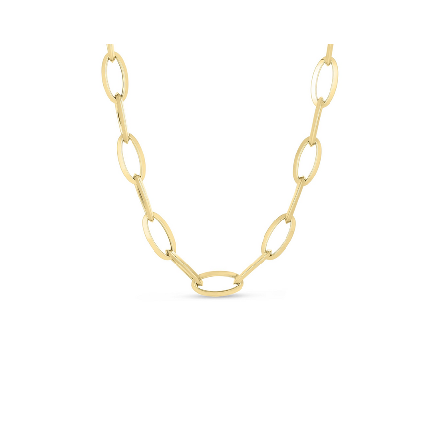 Designer Gold Knife Edge Oval Link Chain Necklace in 18K Yellow Gold, 31"