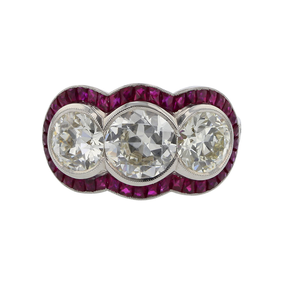 3.38ct Round Brilliant Diamonds G-H/VS and 3.31ct French Cut Ruby Ring in Platinum