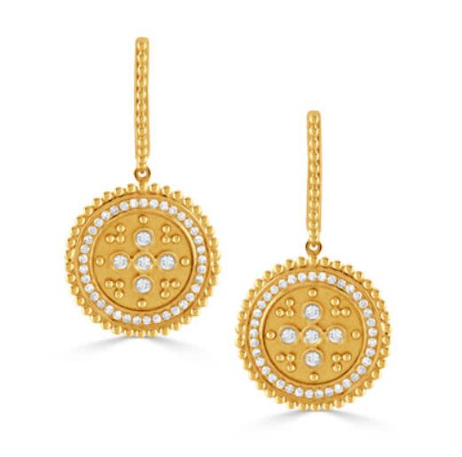 Byzantine 0.38ct Diamond Satin Finish Halo Drop Earrings in 18K Yellow Gold