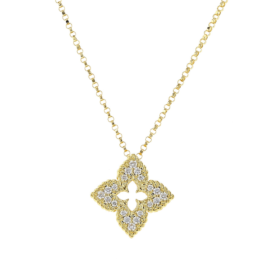 Ventian Princess 0.15ct Round Diamond Flower Pendant in 18K Yellow Gold, 16-17-18" chain