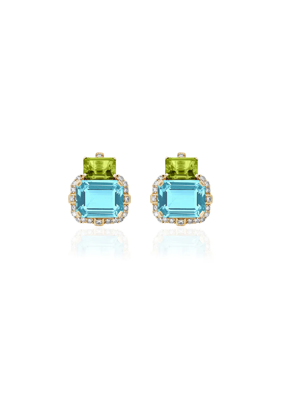 Gossip 8.61ct Emerald Cut Blue Topaz, 2.30ct Emerald Cut Peridot and 0.42ct Round Diamond Stud Earrings in 18K Yellow Gold