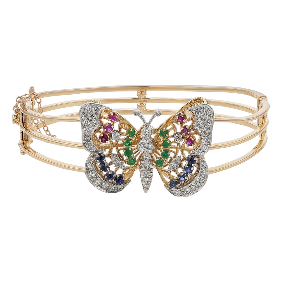 0.31ct Ruby, 0.41ct Sapphire, 0.20ct Emerald, and 0.80ct Diamond Butterfly Bangle Bracelet in 18K Yellow Gold