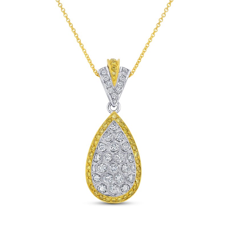 Natureal 1.46ct Round Diamond and 0.49ct Fancy Yellow Diamond Pendant in 14K Yellow and White Gold, 18" chain