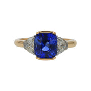 3.07ct Cushion Sri Lankan Sapphire and 0.51ct Diamond 3-Stone Ring in 18K Yellow Gold, Size 6.5