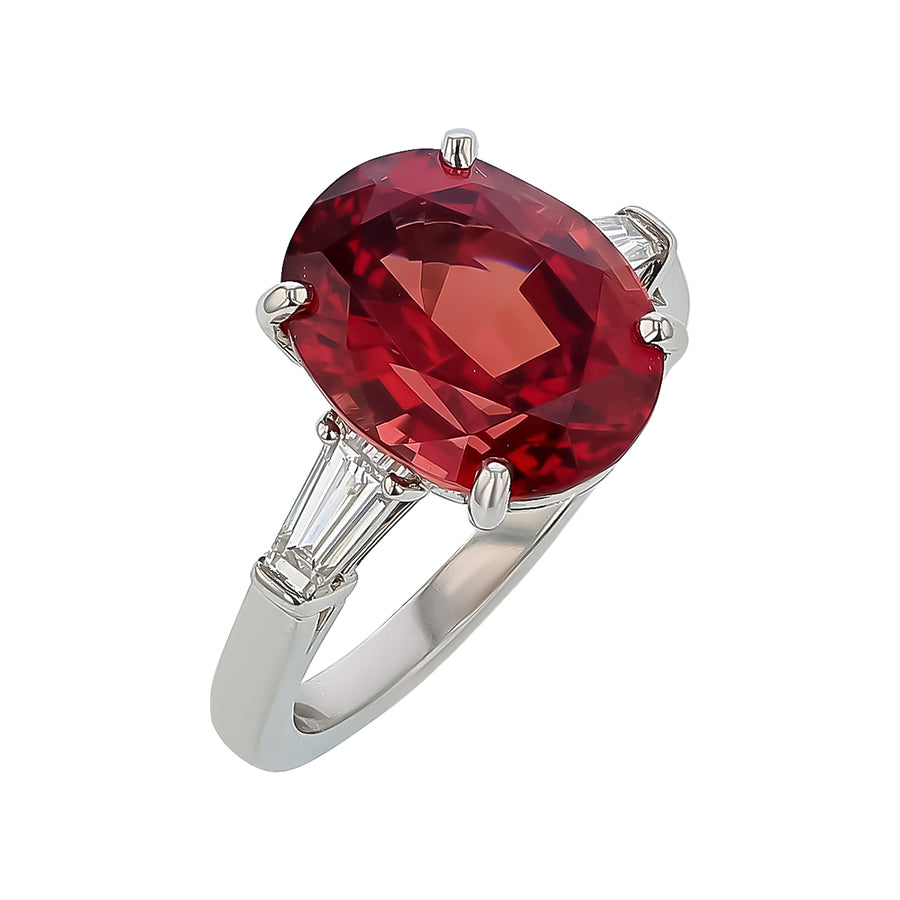 7.74ct Oval Malaya Garnet and 0.58ct Diamond Ring in Platinum, size 6