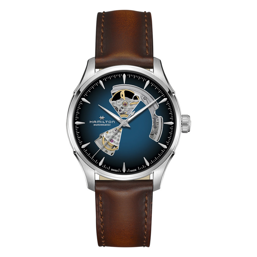 40mm SS Jazzmaster Open Heart Auto with a Blue Index See Through Dial and Calf Strap