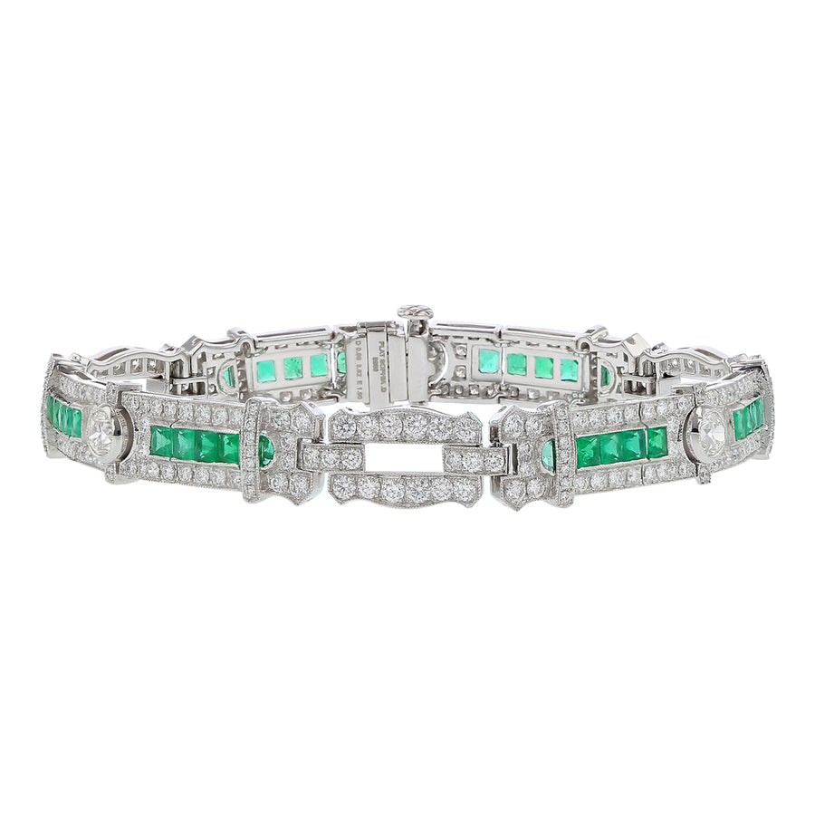 4.81ct Round Brilliant Diamond and 1.90ct Emerald Cut Emerald Bracelet in Platinum, 7"
