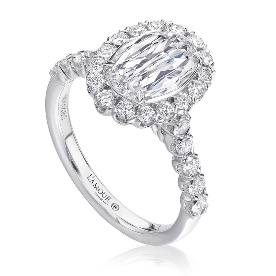 1.00ct Oval L'Amour Crisscut Diamond and 0.76ct Diamond Halo Ring in 18K White Gold