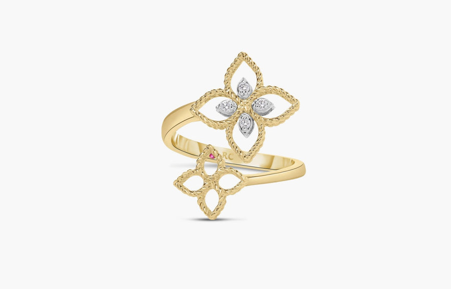 Princess 0.03ct Diamond Flower Bypass Ring in 18K Yellow and White Gold