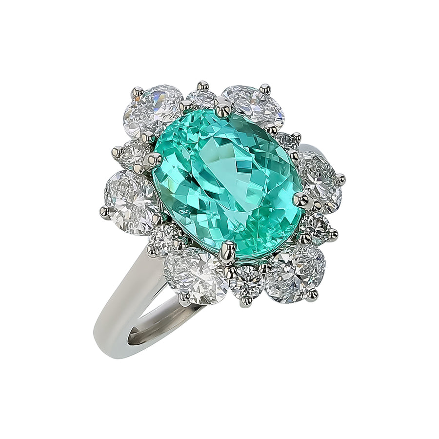 4.57ct Oval Paraiba and 1.76ct Halo Ring in Platinum, size 6.5