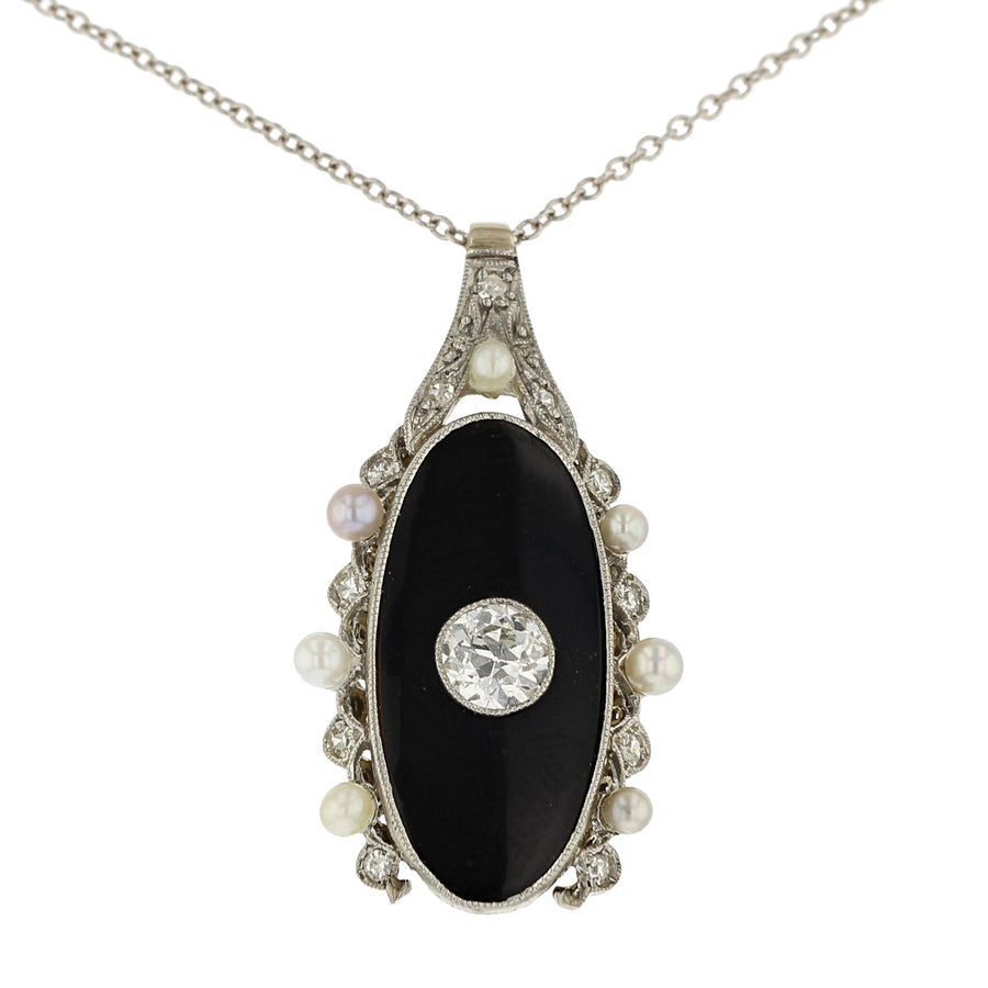 0.45ct Round Brilliant Diamond, 0.20ct Pearl Diamond, and Black Onyx Art Deco Pendant in Platinum on 14K 16" Chain