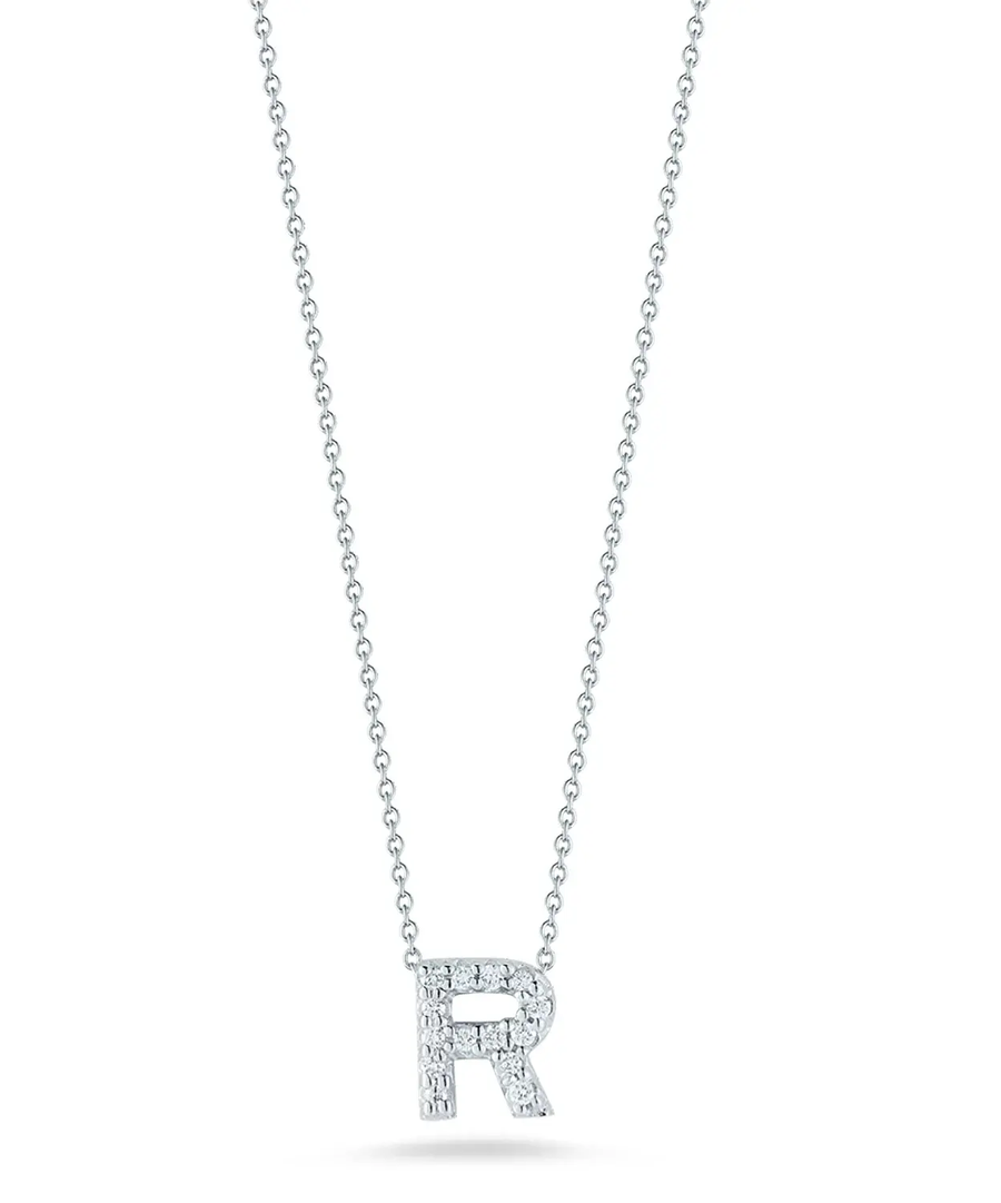 Tiny Treasures 0.06ct Diamond Love Letter "R" Pendant in 18K White Gold, 16-18" chain