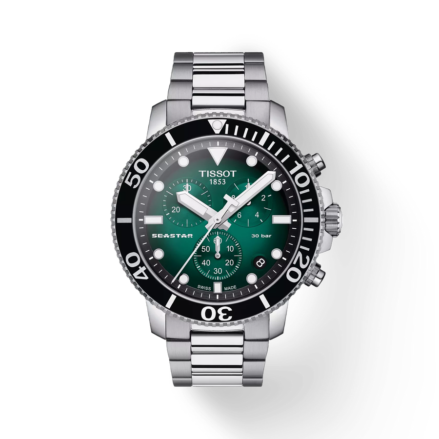 45.5mm Seastar 1000 Quartz Chronograph Watch with Green Gradient Dial in Stainless Steel, Bracelet