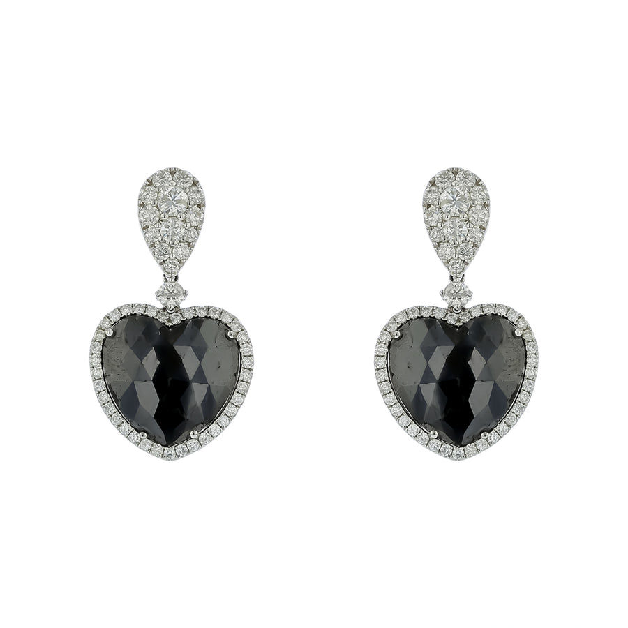 22.43ct Black Diamond and 1.87ct Diamond Heart Drop Earrings in 14K White Gold
