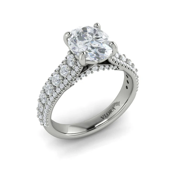 Bold Cathedral 0.79ct Diamond 3 Row Ring Semi Mount in Platinum for 2.00ct Oval Center, size 6.5