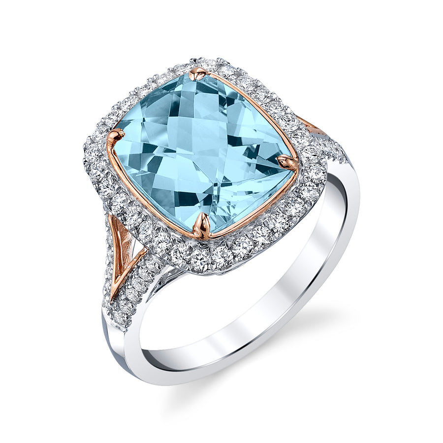 3.80ct Cushion Cut Aquamarine and 0.58ct Diamond Halo Ring in 14K White and Rose Gold, size 7