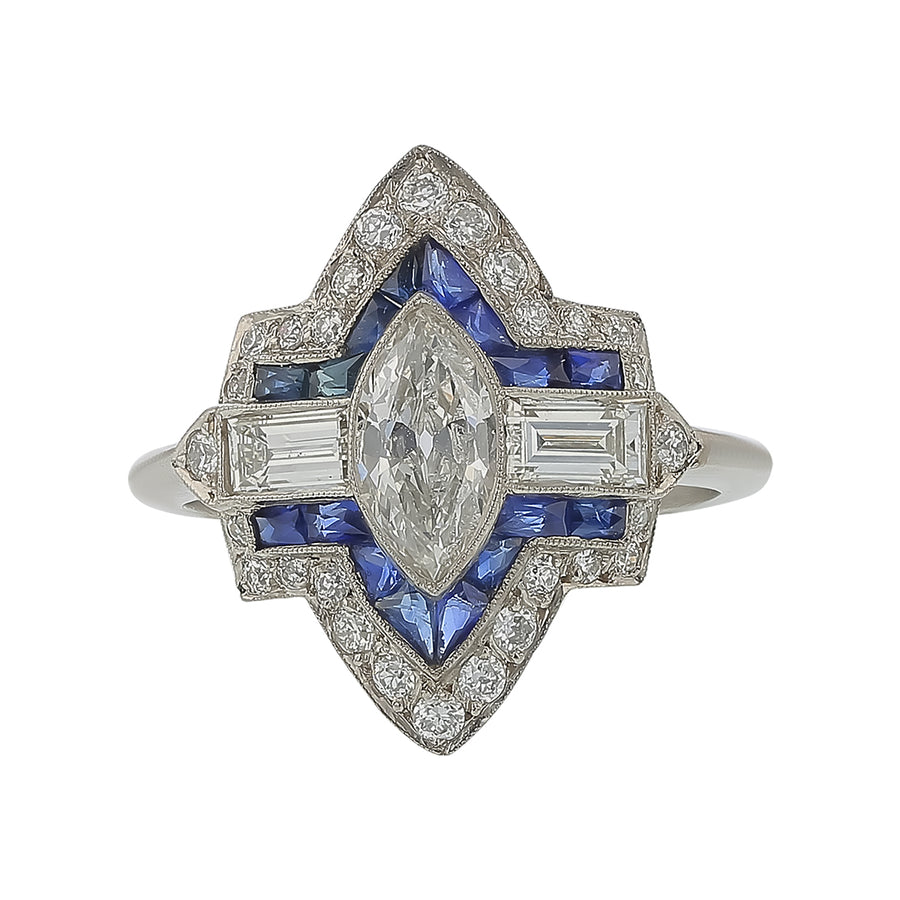 1.28ct Sapphire 0.62ct Marquise and 1.94ct Round Diamond Ring in Platinum, size 6