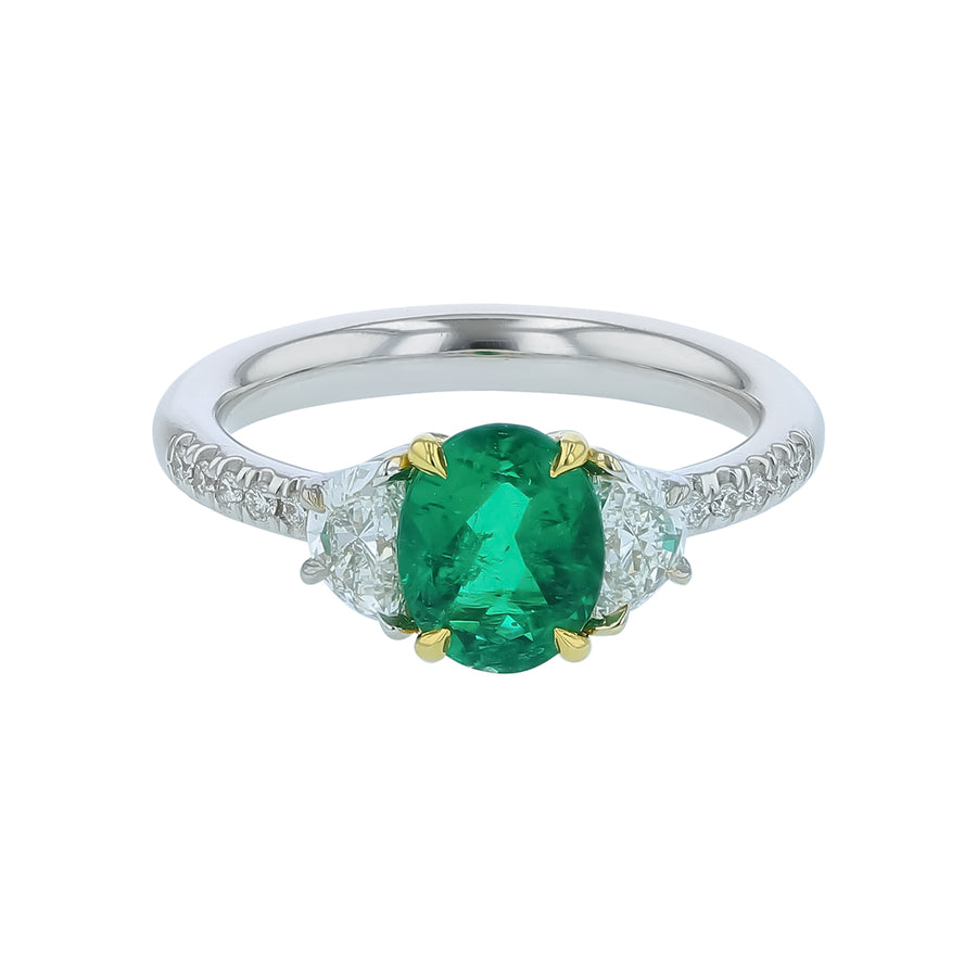 Nouveau 1.20ct Oval Cut Emerald and 0.66ct Diamond 3- Stone Ring in 18K White and Yellow Gold, Size 6.25